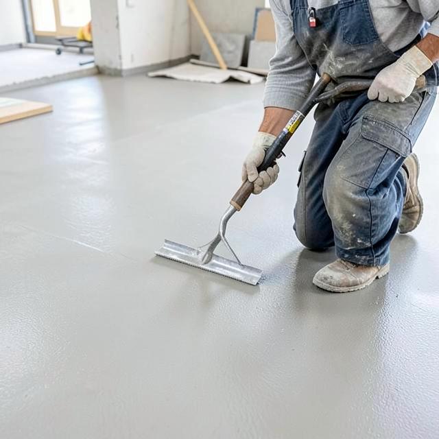 Worker finishing a concrete floor with a trowel