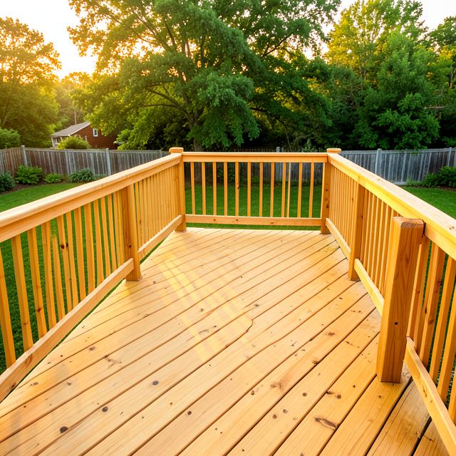 Freshly built cedar deck over a backyard