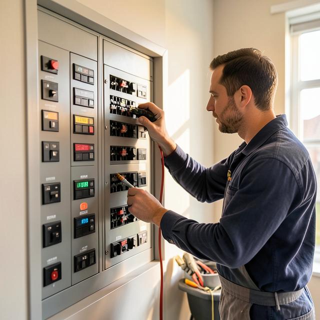 Electrician repairing a residential breaker panel