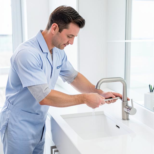 Technician installing a stainless steel kitchen faucet