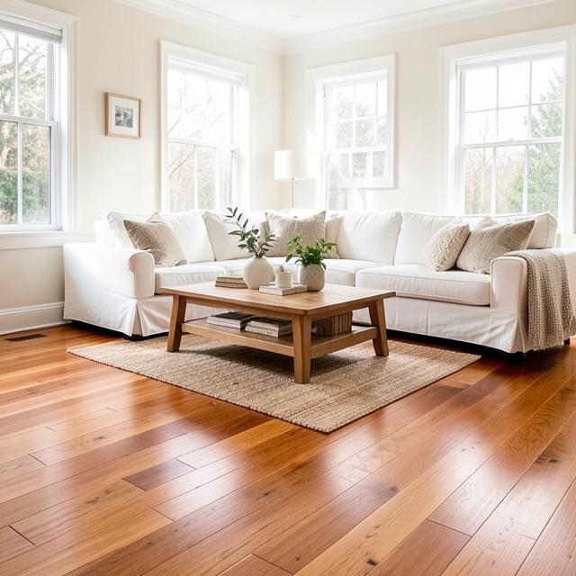 New hardwood flooring in a bright living room
