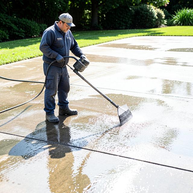Technician power washing a concrete driveway