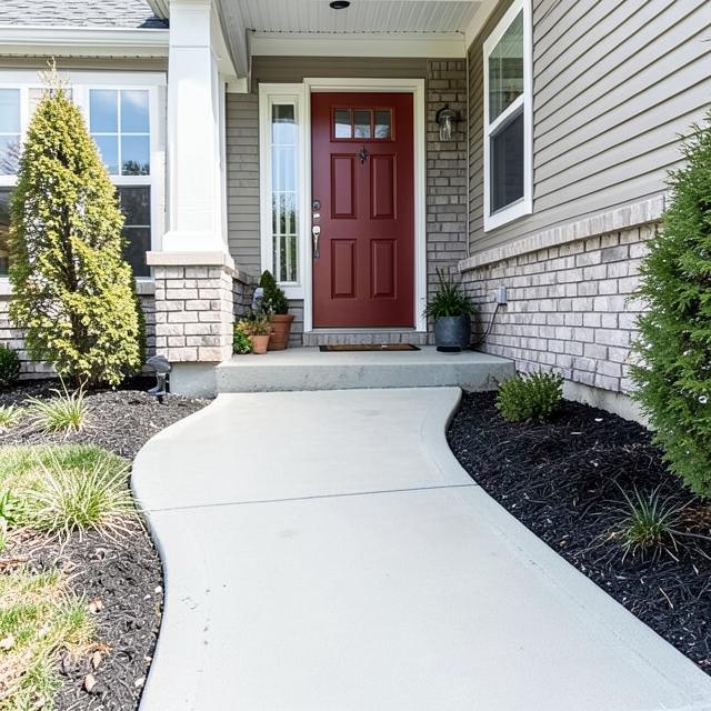 New concrete sidewalk leading to a front door