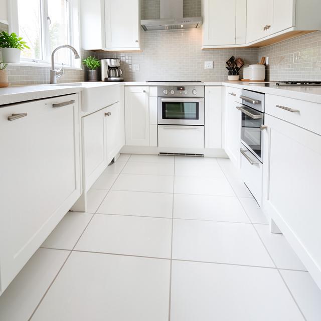 Large-format tile floor in a bright kitchen