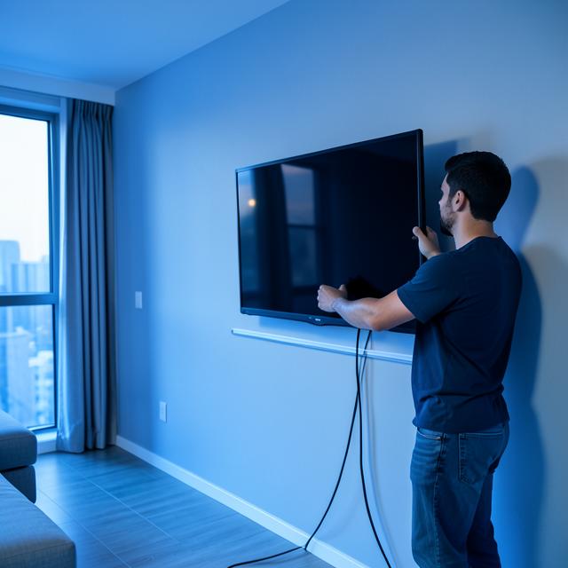 Technician mounting a flat-screen TV on a living room wall